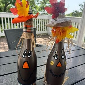 Hand painted scarecrow fall wine bottles